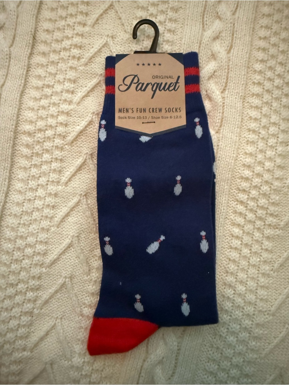 Parquet Men's Navy Crew Socks with Red Toe and Bowling Pin Motif